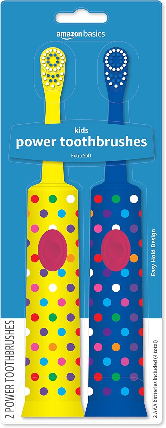 Amazon Basics Kids Toothbrush, Battery Powered, 2 Count, Yellow & Blue (Previously Solimo)