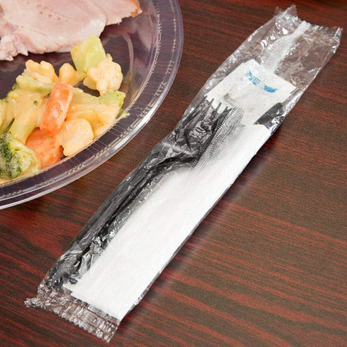 50 Plastic Cutlery Packets, Knife Fork Spoon Napkin Salt Pepper Sets, Individually Wrapped Black Plastic Silverware