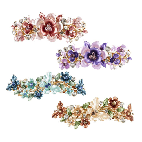 Lawie 4 Pack Floral Butterfly Leaf Jeweled Gems Hair Clips, Rhinestone Glitter Snap Barrettes for Women