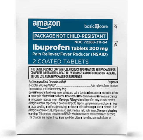 Ibuprofen Tablets 200 mg by Amazon Basic Care – Pain Reliever & Fever Reducer for Headache, 100 Count (Pack of 1)
