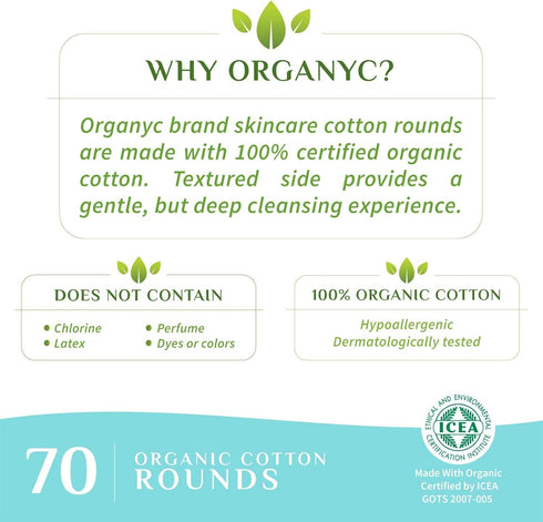 Organyc 100% Organic Cotton Rounds - Biodegradable Cotton, Chemical Free, For Sensitive Skin (70 Count) - Daily Cosmetics. Beauty and Personal Care
