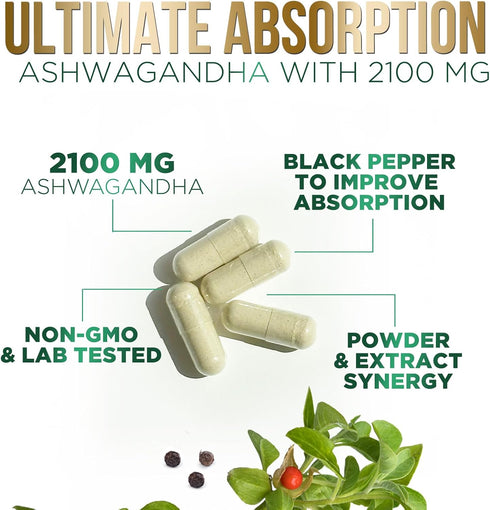 Herbal Ashwagandha 2,100 mg, Extra Strength Unwind, Calm & Relax Support, Vegan, Gluten Free, 180 Capsules