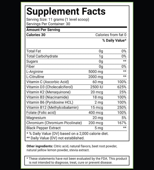 L-Arginine 5000mg + L-Citrulline 2000mg Complex Powder - Nitric Oxide Booster for Heart Health & Energy - 30 Servings
