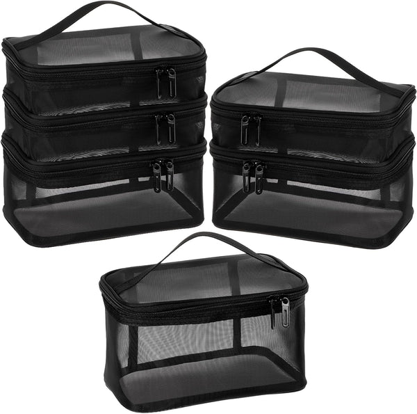 Tosnail Set of 3 Mesh Zipper Bags with Handle, Black Travel Toiletry Bag, Portable Organizer for Makeup & Skincare