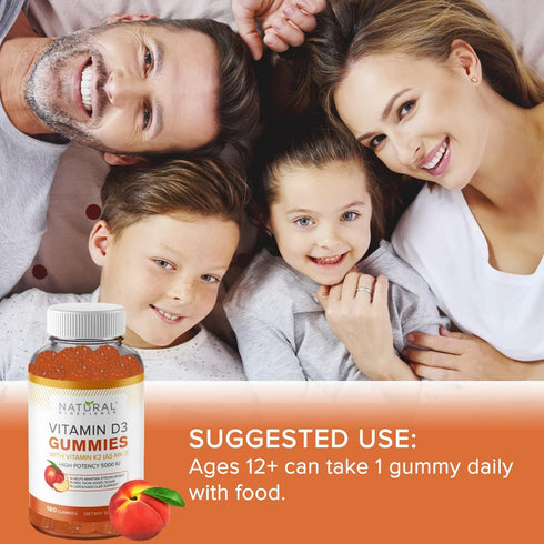 Sugar Free Vitamin D3 K2 Gummies - 5000 IU D3 + 80 mcg K2 MK7 - Natural Peach Flavor - Adults Supplement