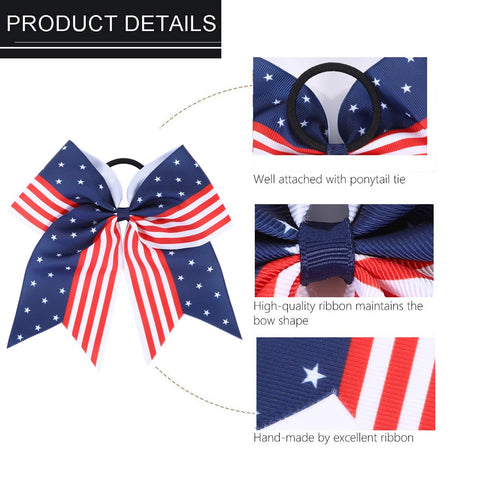 Red White and Blue American USA Flag Cheer Bows for Girls, Patriotic Festival Hair Bow with Elastic Band