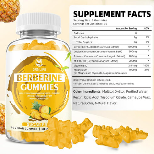 Berberine Gummies with Ceylon Cinnamon 1500mg High Potency Berberine HCL Supplement for Immune and Metabolism Support, Sugar Free Organic Berberine Gummies Pineapple Flavor - 60 Count