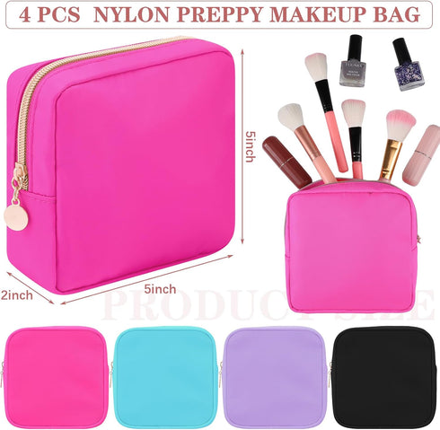 Hushee 4 Pcs Nylon Makeup Bag Christmas Gifts, Preppy Zipper Pouch, Waterproof Storage Bag for Women Girls Organizer