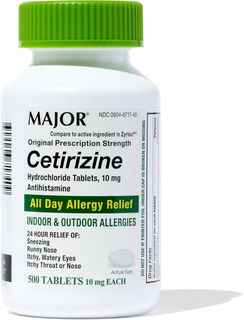 MAJOR Cetirizine Hydrochloride Tablets 10 mg, Antihistamine for Allergies, 24-Hour Relief, 500 Count