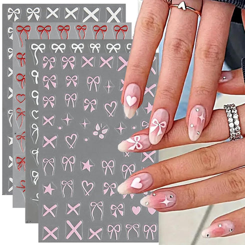 Heart Bows Nail Art Stickers Decals, 4 Pcs, White Red Pink Bow Tie Nail Design, Valentine's Day Nail Supplies