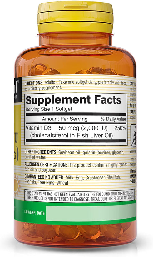 MASON NATURAL Vitamin D3 50 mcg (2000 IU) - Supports Overall Health, Strengthens Bones and Muscles, from Fish Liver Oil, 60 Softgels