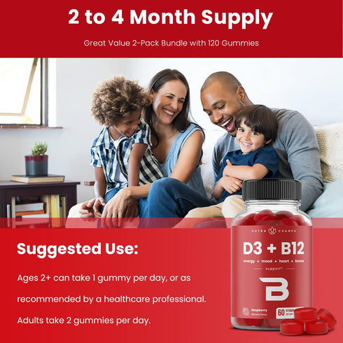 Vitamin D3 & Vitamin B12 | Methyl B12 Gummies for Adults & Kids, 60 Gummies, Enhanced with Vitamin D3 & B9 Vitamin