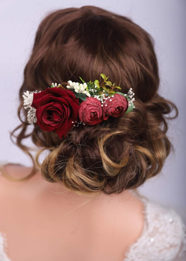 Kercisbeauty Red Rose Burgundy Hair Comb, Vintage Bridal Floral Headband for Women Girls Party