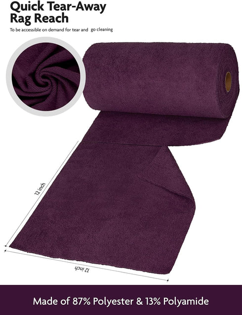 Microfiber Cleaning Cloth Roll -75 Pack, Tear Away Towels, 12" x 12", Reusable Washable Rags (Dark Purple)
