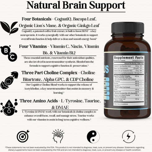 Focus 14-in-1 Nootropic Brain Supplement - 60 Filler Free Capsules - with Lions Mane, Alpha GPC Choline, Vitamin C &