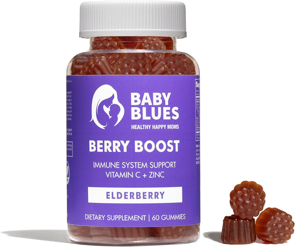 Baby Blues Berry Boost Elderberry Gummies for Moms - Immune Support with Zinc & Vitamin C, Non-GMO, 60 Pieces