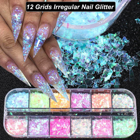 Holographic Nail Art Glitter, Iridescent Flakes and Mermaid Flake Sequins, 12 Grids for DIY Decoration