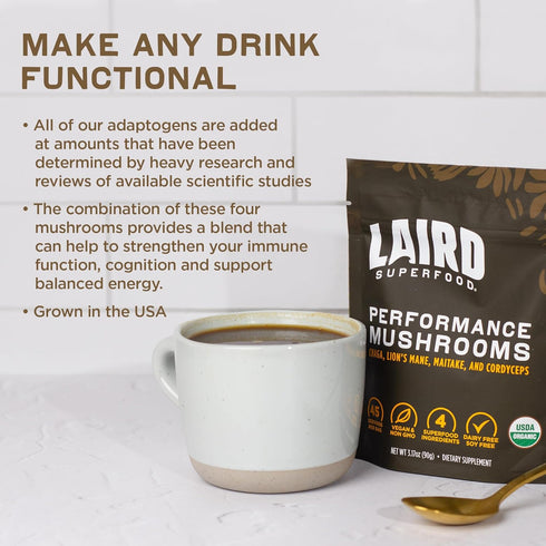 Laird Superfood Organic Performance Mushroom Blend, Chaga, Cordyceps, Lion's Mane, Maitake for Energy, 3.17 oz Bag
