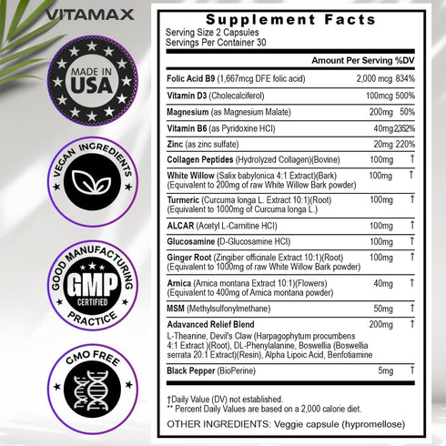 Sciatica Nerve Health Support Supplement Capsules with Folic Acid, Glucosamine, MSM & Vitamin B Complex (60 Count)