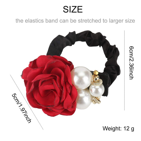 Lawie 6 Pack Colorful Handmade Pearl Rhinestone Rose Flower Hair Bows - Stretchy Rubber Hairbands, Ponytail Holder