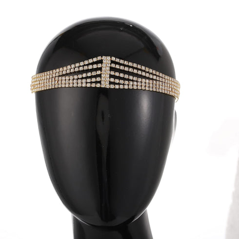 Layered Head Chain - Rhinestone Hair Jewelry Gold Elastic Headpiece for Wedding, Crystal Prom Party Halloween for Women