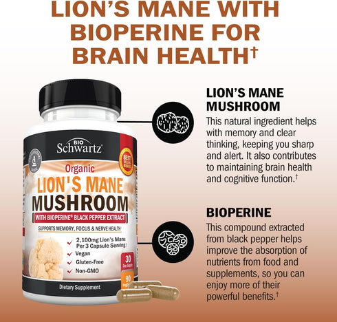 Organic Lions Mane Supplement Capsules, 90 Count, 2100mg for Memory and Focus
