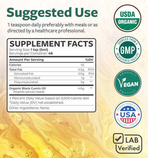 USDA Organic Black Cumin Seed Oil 8 fl oz - Premium Cold-Pressed Nigella Sativa, Antioxidant Supplement, Vegan,