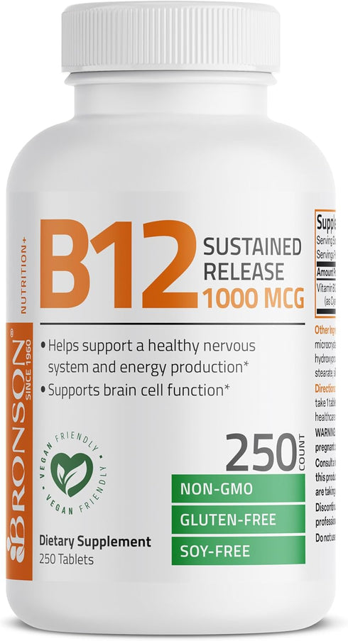 Bronson Vitamin B12 1000 mcg Sustained Release Tablets - 250 Count for Nervous System Support