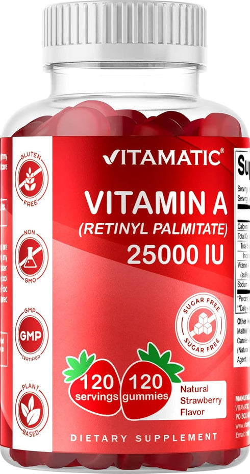 Vitamatic Sugar Free Vitamin A 25000 IU Gummies, Natural Strawberry Flavor, 120 Gummies