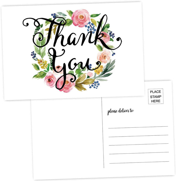 50 Thank You Postcards, Blank Thank You Note Card, Floral Watercolor Calligraphy Stationery for Wedding, Bridal or Baby