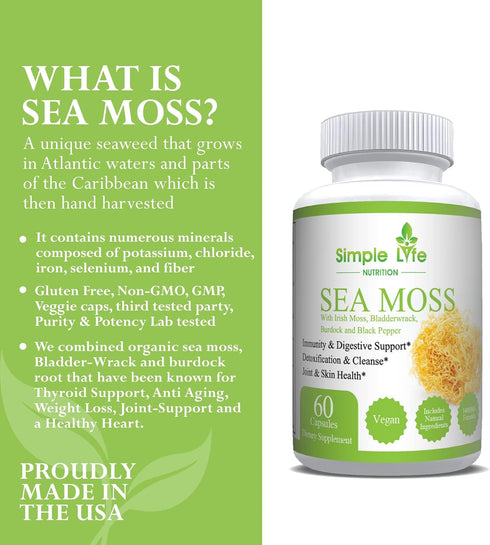 Organic Irish Sea Moss Capsules 1400MG with Burdock Root, Bladderwrack & Black Pepper, 60CT Supplement