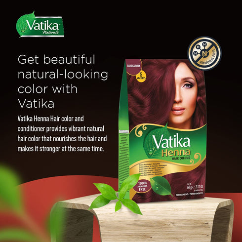 Vatika Naturals Permanent Hair Dye Burgundy, 100% Grey Coverage, Ammonia-Free, 6 Sachets (10g each)