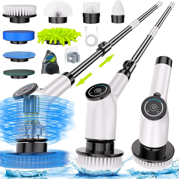 Electric Spin Scrubber, Cordless Cleaning Brush with 8 Replaceable Brush Heads, Dual Speed Power Scrubber