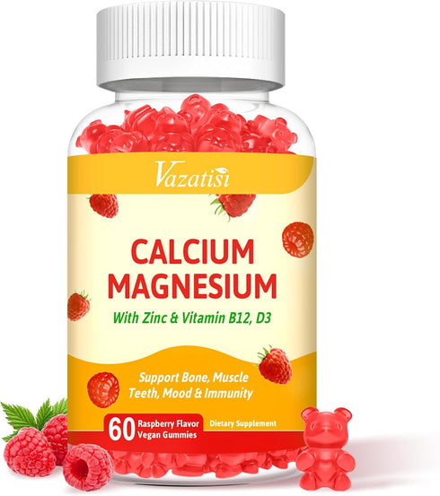 Calcium Magnesium Zinc Gummies with Vitamin D3 & B12, Sugar-Free, Vegan Raspberry Flavor - Supports Bone, Muscle, Mood