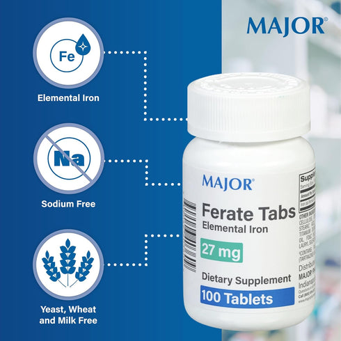 Major 27 mg Ferate Tabs - Ferrous Gluconate Elemental Iron Dietary Supplement, 100 Count