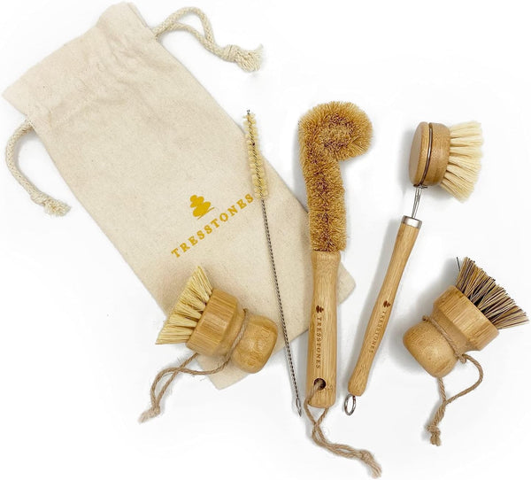 TRESSTONES Natural Bamboo Dish Brush Set with Holder - Eco Friendly Wooden Dish