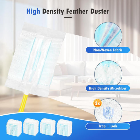 50 Count Heavy Duty Duster Replacement with 1 Handle, 180° Multi-Surface Feather Duster Refills Compatible with Swiffer