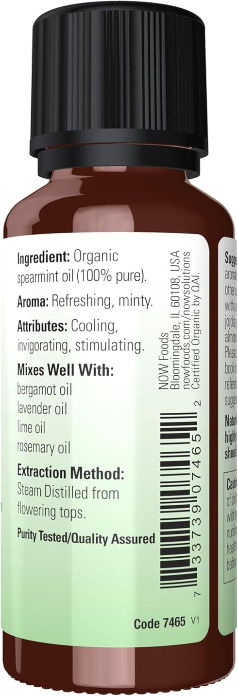 NOW Essential Oils, Organic Spearmint Oil, 100% Pure, Vegan, Child Resistant Cap, 1-Ounce, Stimulating Aromatherapy