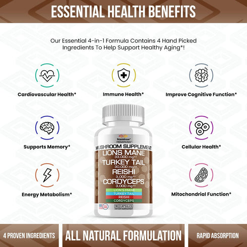 Stamiron Lions Mane Supplement with Turkey Tail & Cordyceps Extract, 90 Count