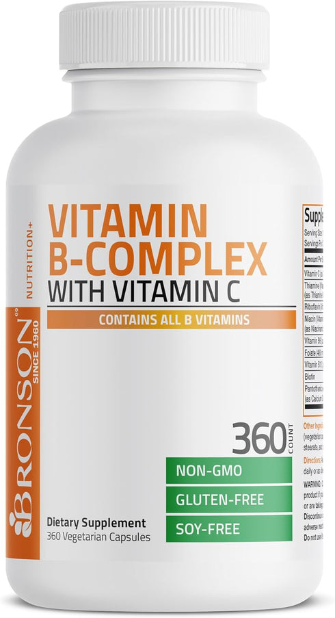 Bronson Vitamin B Complex with Vitamin C - 360 Vegetarian Capsules for Immune Health, Energy Support