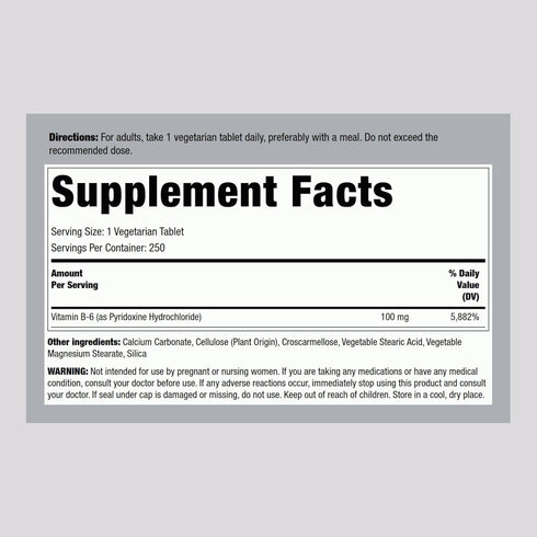 Piping Rock Vitamin B6 100mg Supplement | 250 Tablets | as Pyridoxine Hydrochloride | Non-GMO & Vegeterian Formula