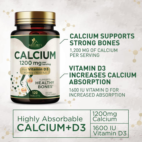 Calcium 1200 mg with Vitamin D3 - 120 Tablets - Supports Bone Strength, Teeth & Immune System