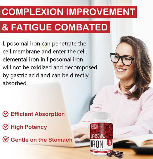 Liposomal Fe Iron Supplement for Women, 65 mg Iron with Folic Acid & Vitamin B12, 60 Softgels, 2 Bottles