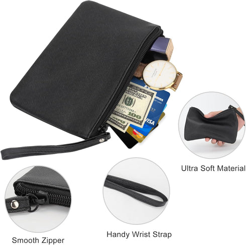 Small Black Makeup Bag for Purse, Vintage Cosmetic Pouch, PU Leather Mini Zipper Clutch, Travel Lipstick Holder