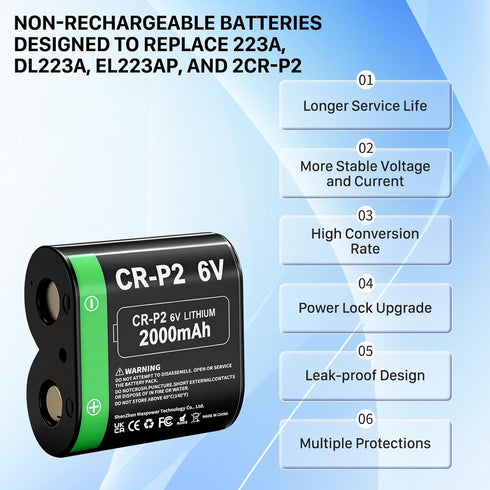 KOOAQQ CR-P2 2000mAh 6 223A, 2CR-P2, EL223AP DL223A, 4-Pack Batteries, (New Upgraded) Volt Lithium Photo Battery