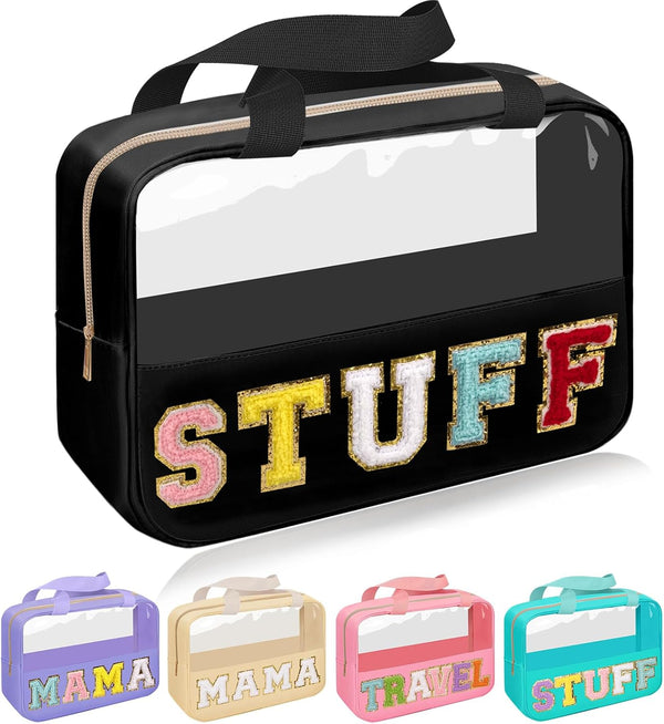 Chenille Letter Patch Stuff Bag, Preppy Clear Makeup Cosmetic Bag, Large Toiletry Storage Tote (Black)