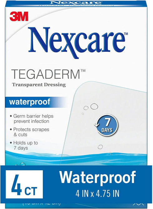 Nexcare Tegaderm Waterproof Transparent Dressing, 4 x 4.75 in, 4 Count - Dirtproof and Germproof