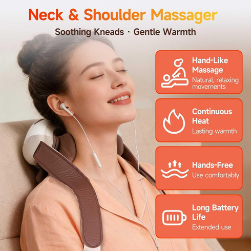 LOVMASSG 3 Neck and Shoulder Massager with Heat, Palm-Style Kneading, Speeds, Ergonomic Hands-Free Design, Portable