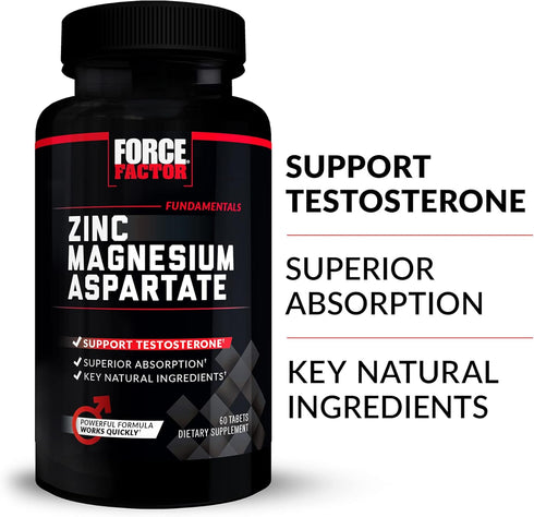 Force Factor Zinc Magnesium Aspartate, Zinc Magnesium Supplement to Increase Testosterone, Boost Performance, and Support Sleep, Recovery, and Immune Health, 60 Tablets