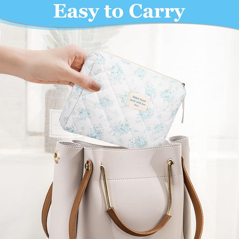 Makeup Bag Quilted Floral Cosmetic Bag for Women, Cute Cotton Travel Toiletry Organizer Bag (Blue Rose)